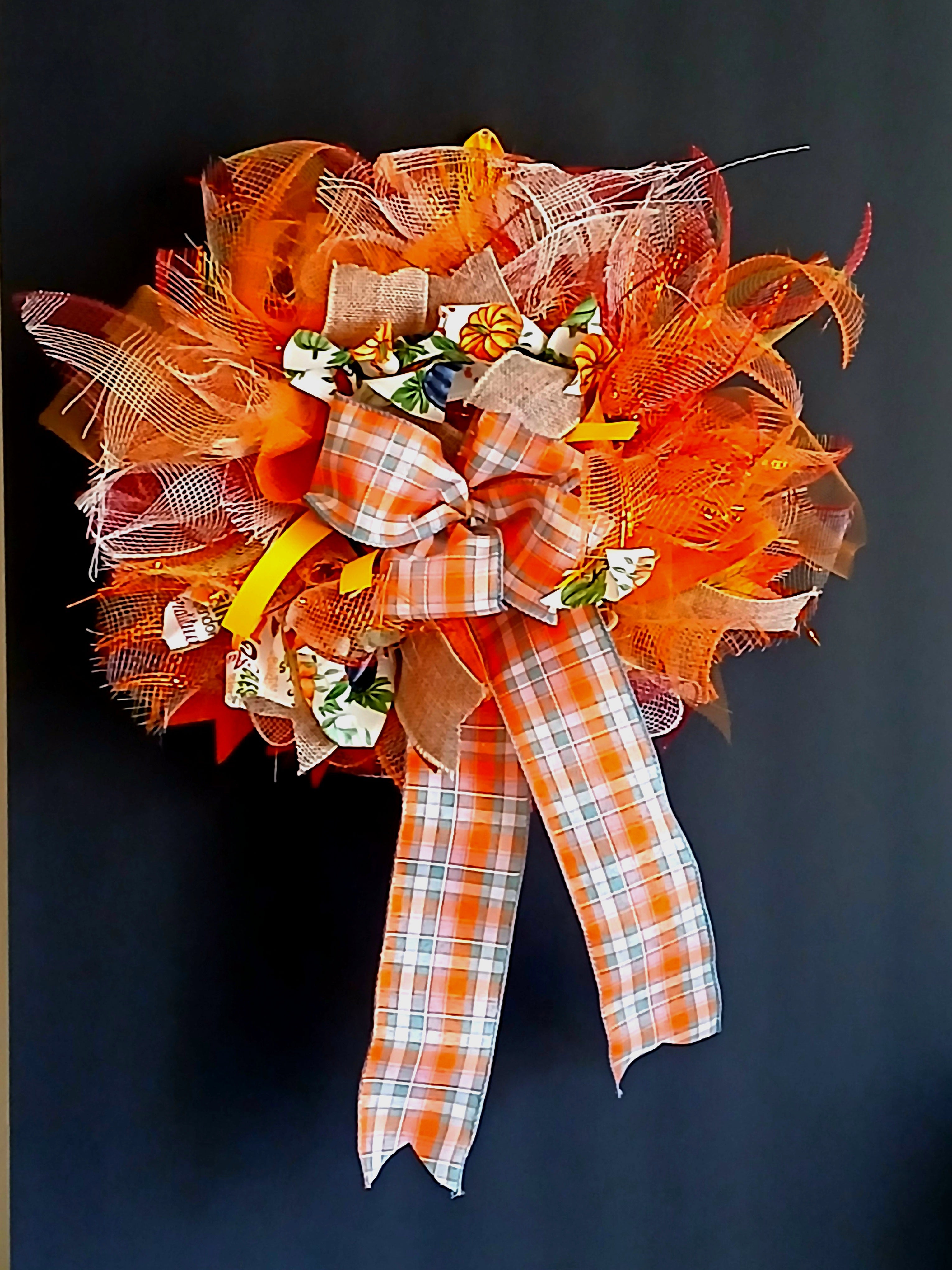 Handmade Fall Wreath – Orange Mesh & Plaid Bow Door Décor