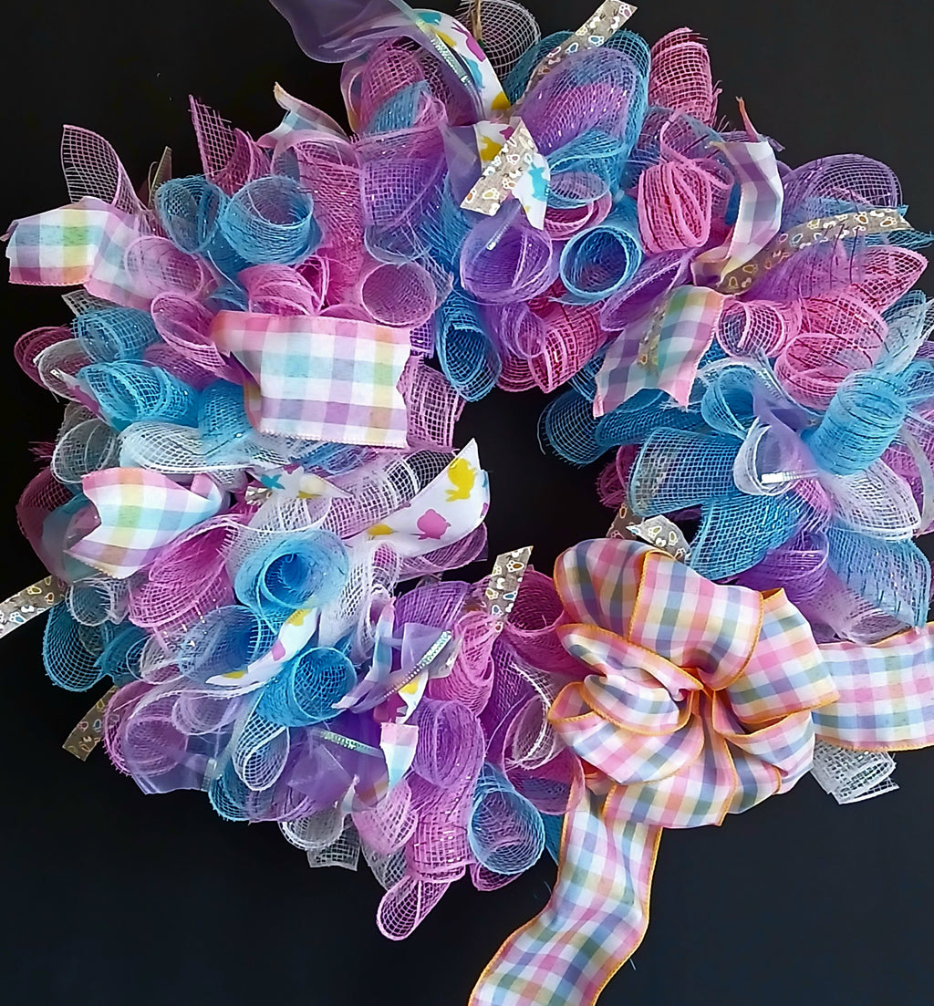 Handmade Easter Spring Wreath – Pastel Mesh Ribbon Door Décor