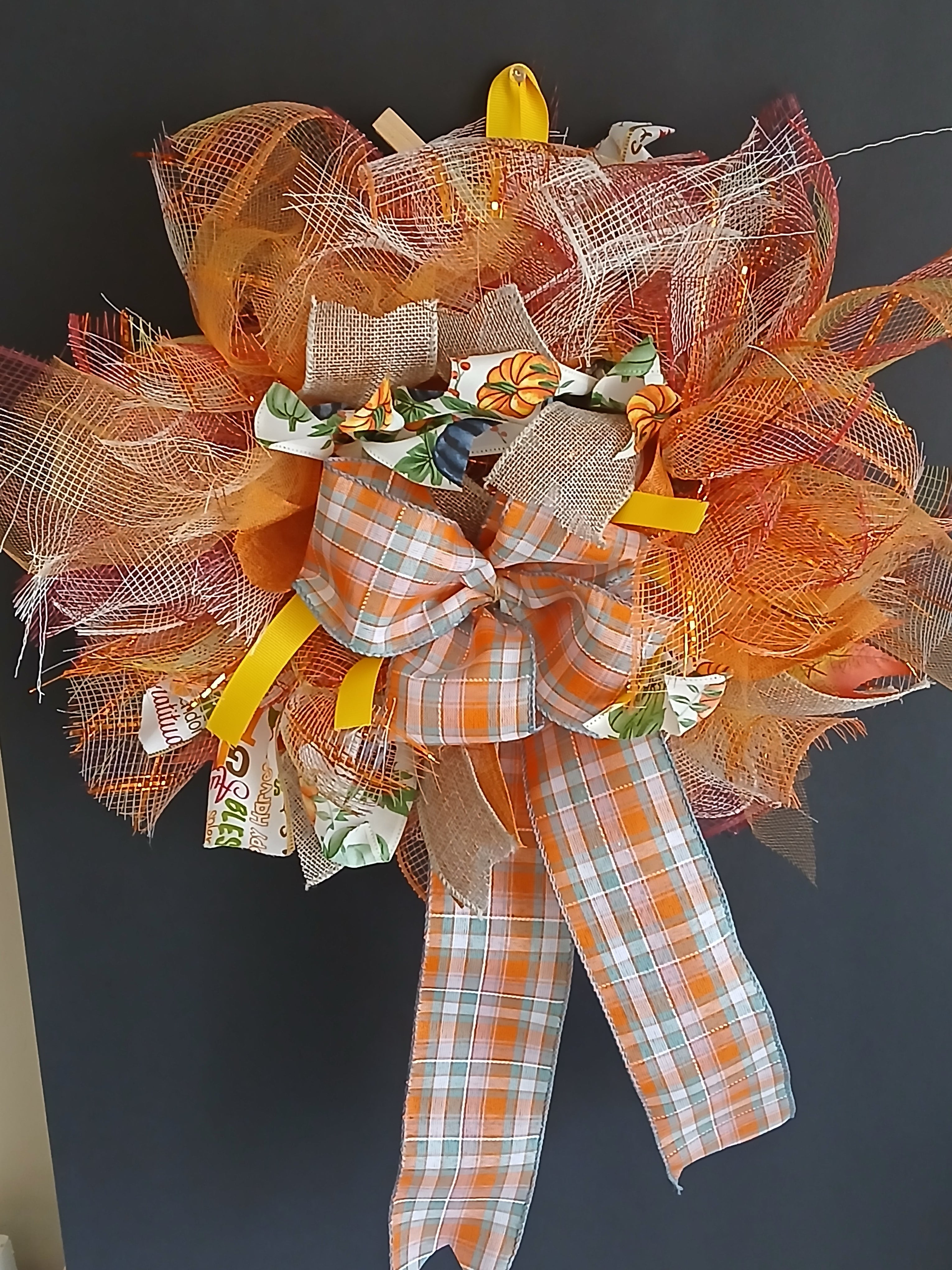 Handmade Fall Wreath – Orange Mesh & Plaid Bow Door Décor