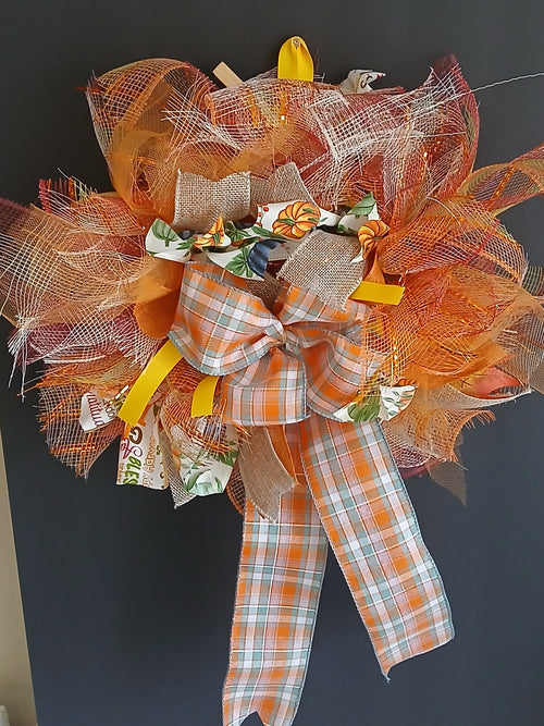 Handmade Fall Wreath – Orange Mesh & Plaid Bow Door Décor