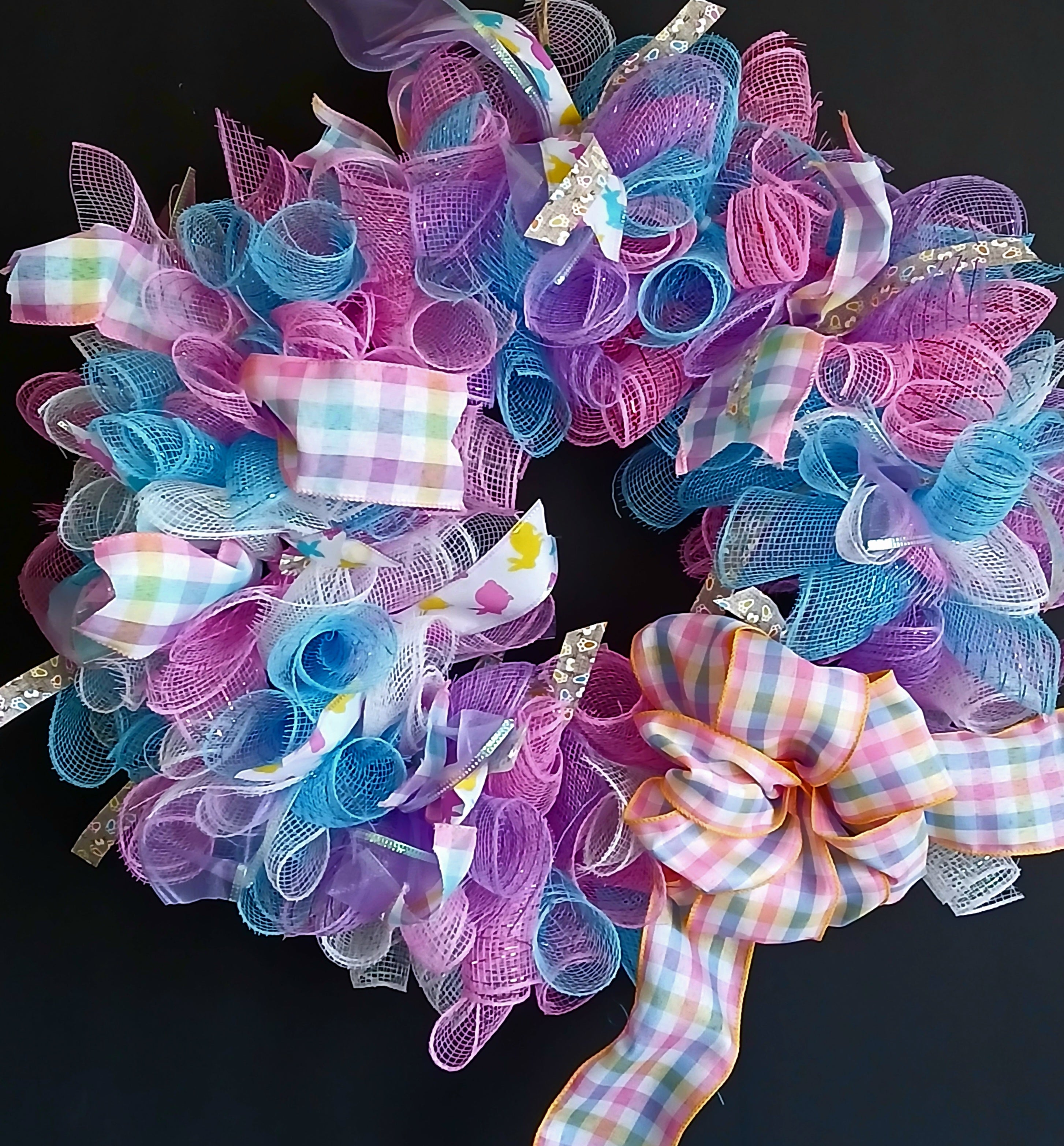 Handmade Easter Spring Wreath – Pastel Mesh Ribbon Door Décor