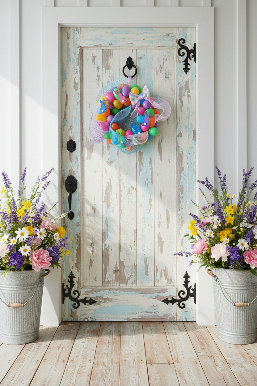 Easter Egg Wreath on Rustic Country Door