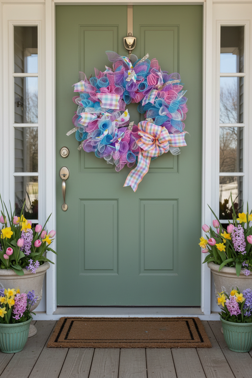 Handmade Easter Spring Wreath hung on a beautiful front door