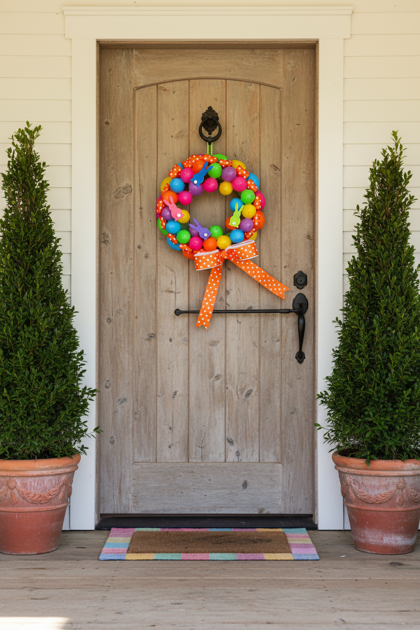 Orange Easter Egg Wreath on Rustic Country Door