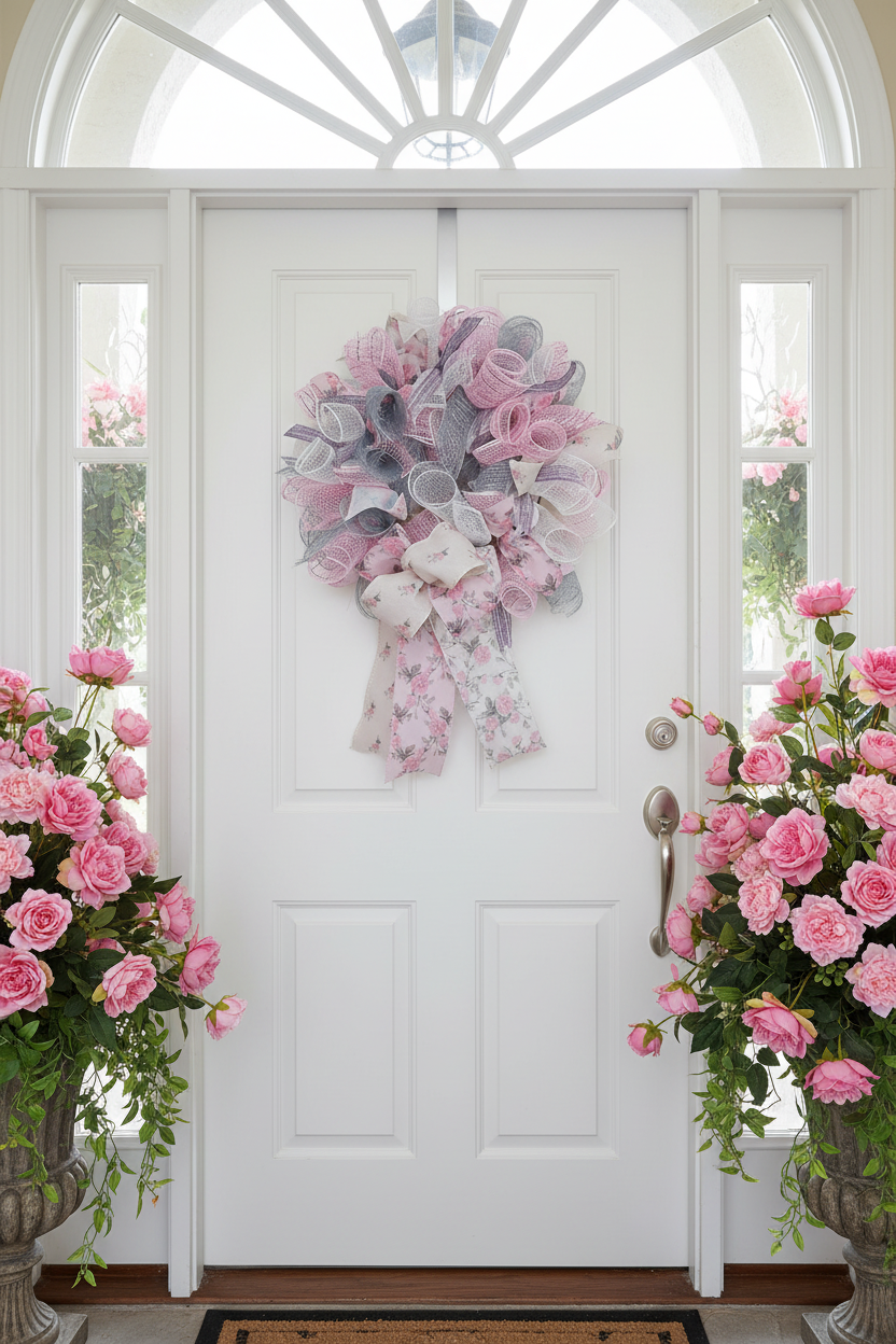 The Bridgerton Wreath on White Door with Dramatic Plants